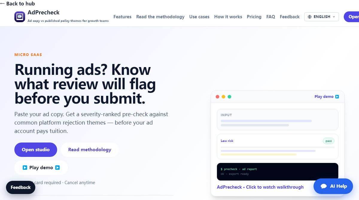 AdPrecheck product homepage screenshot.