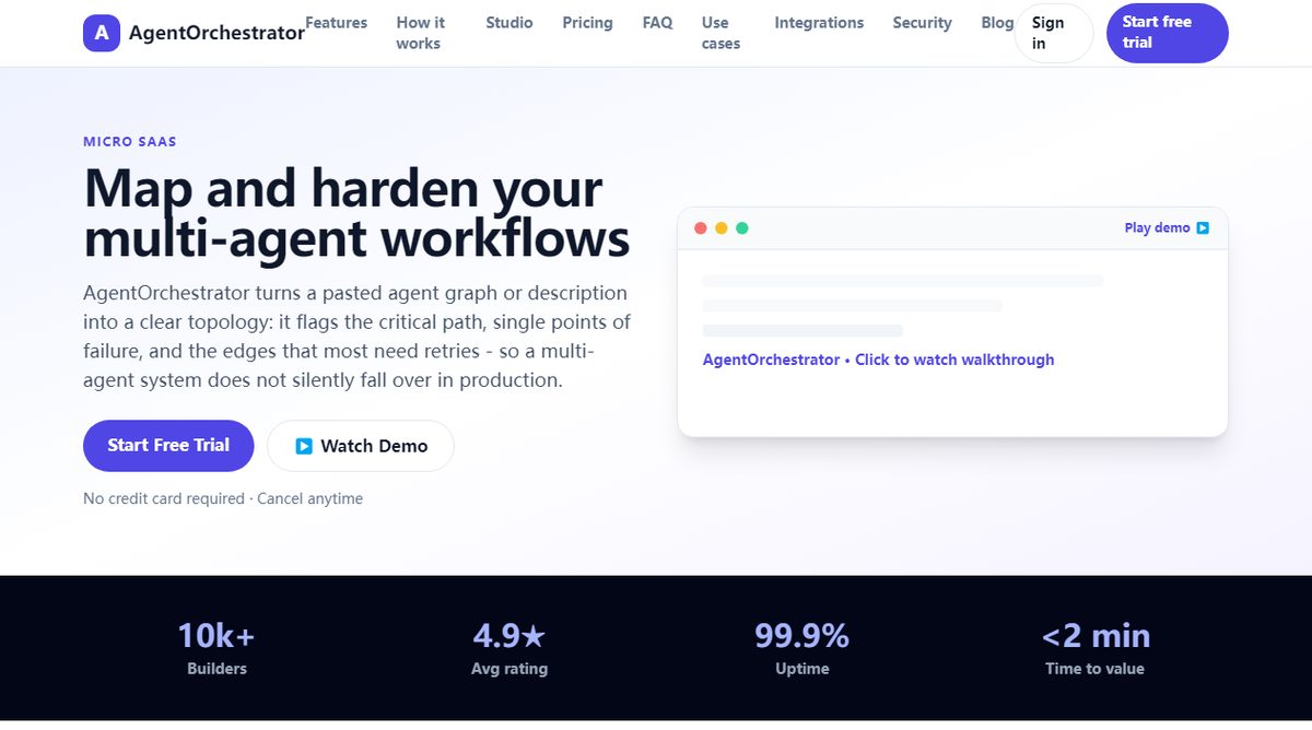 AgentOrchestrator product homepage screenshot.