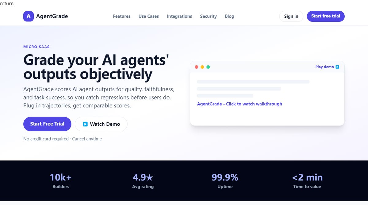 AgentGrade product homepage screenshot.