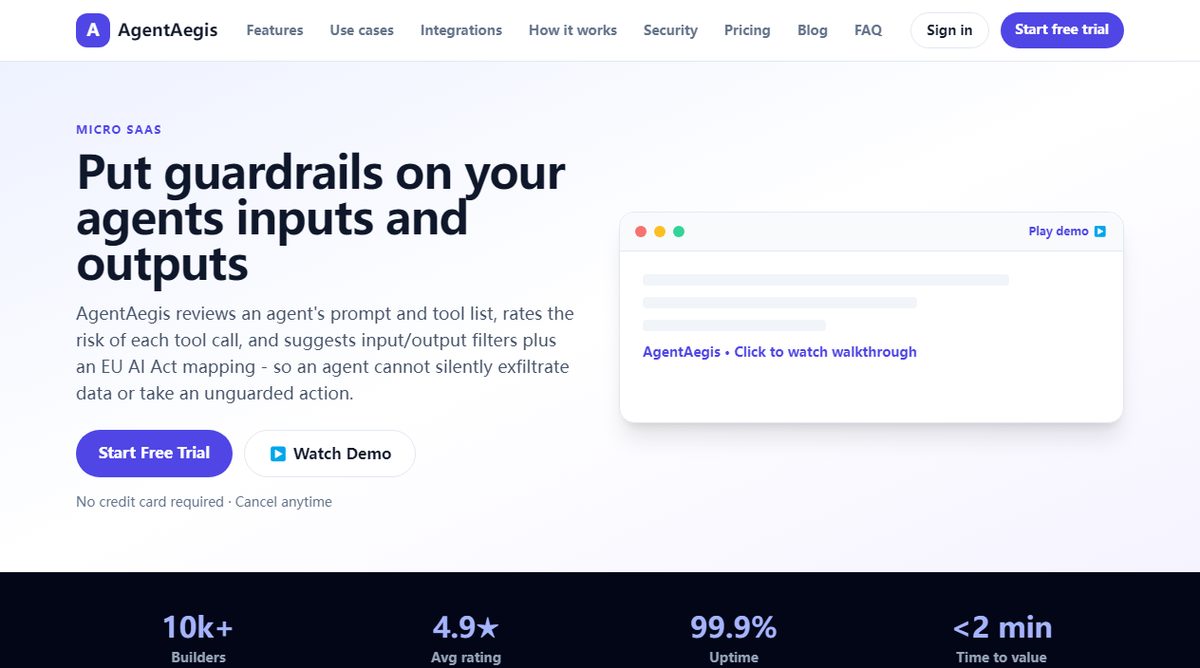 AgentGuard product homepage screenshot.