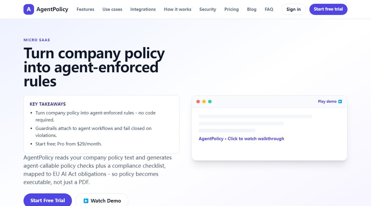 AgentPolicy product homepage screenshot.