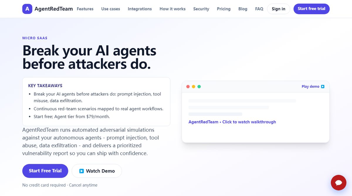 AgentRedTeam product homepage screenshot.