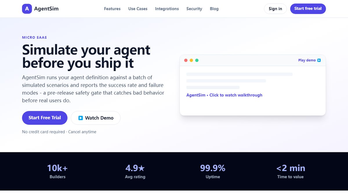 AgentSim product homepage screenshot.