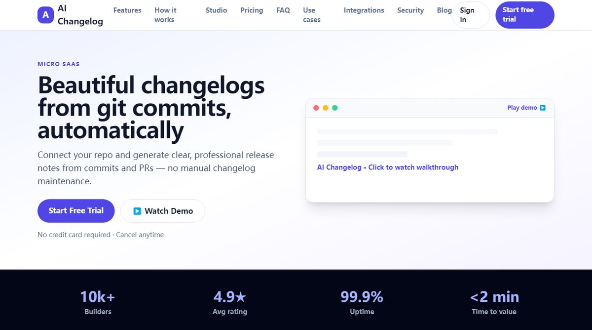 AI Changelog product homepage screenshot.