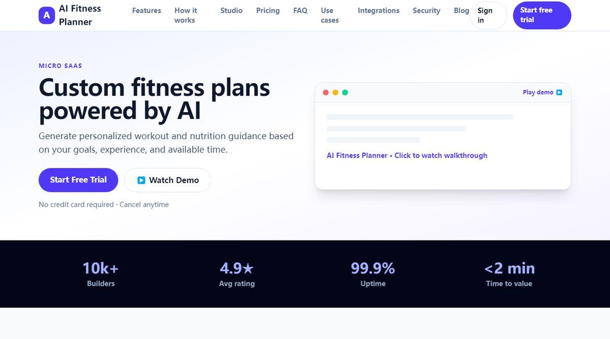 AI Fitness Planner product homepage screenshot.