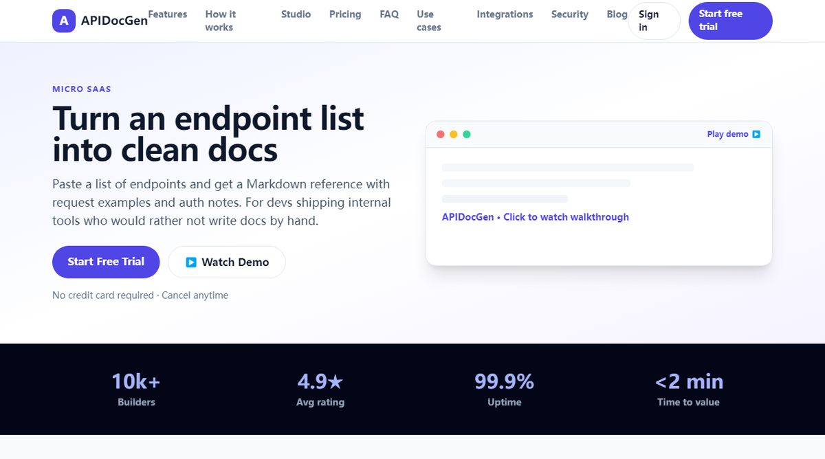 APIDocGen product homepage screenshot.