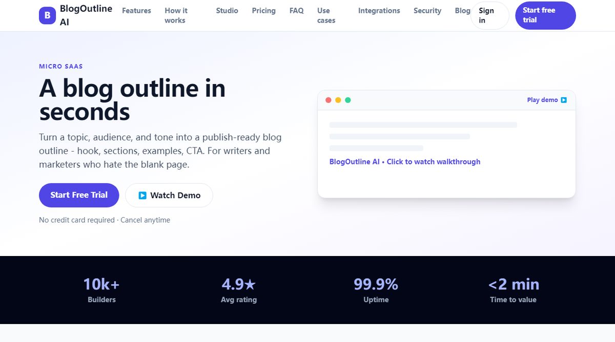 BlogOutline AI product homepage screenshot.