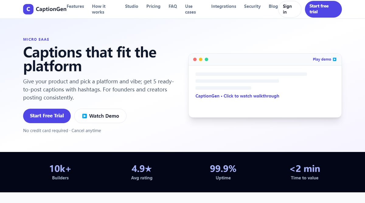CaptionGen product homepage screenshot.
