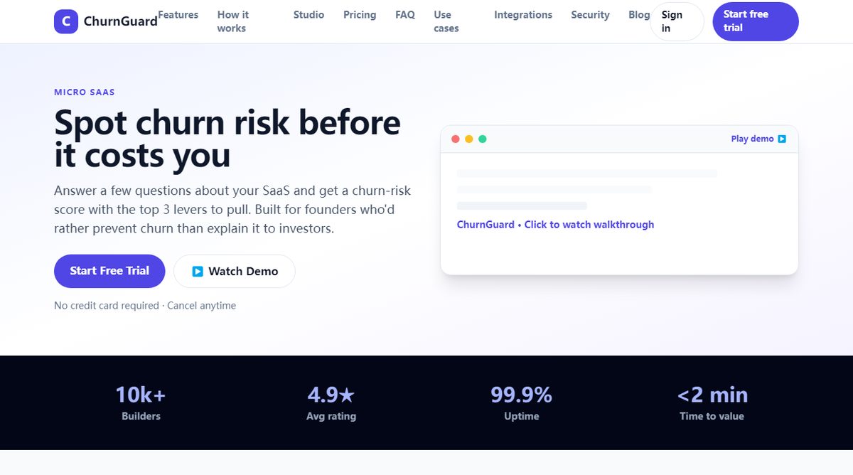 ChurnGuard product homepage screenshot.
