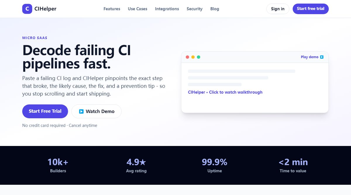 CIHelper product homepage screenshot.