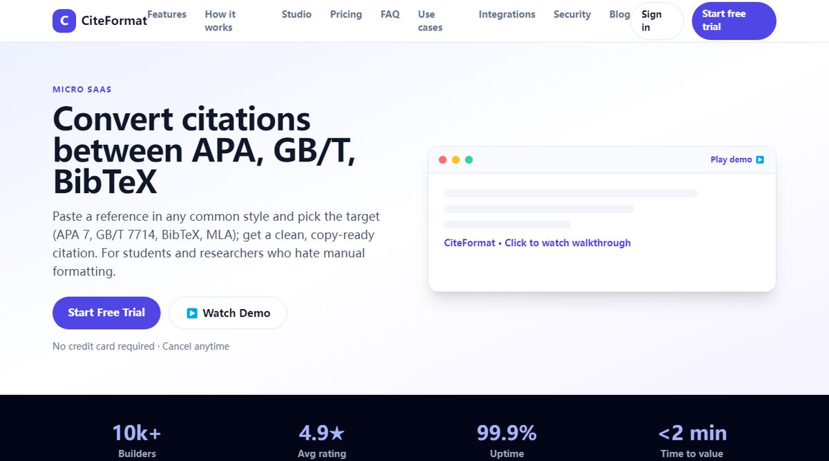 CiteFormat product homepage screenshot.