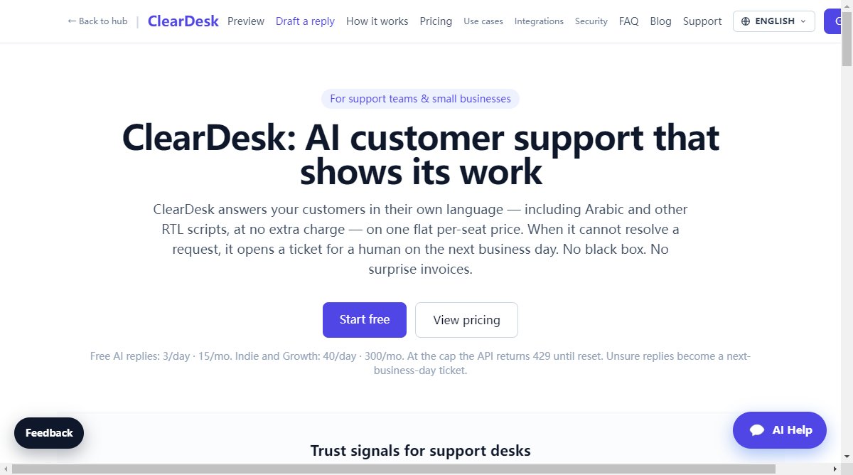 ClearDesk product homepage screenshot.