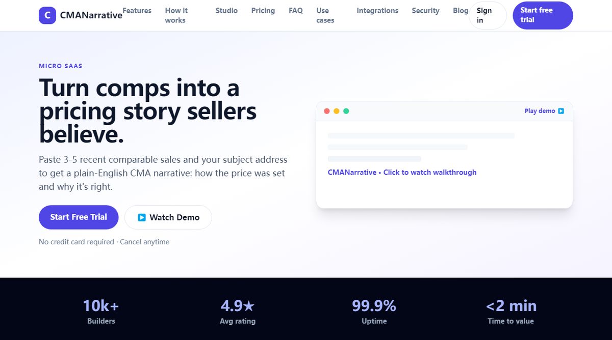 CMANarrative product homepage screenshot.