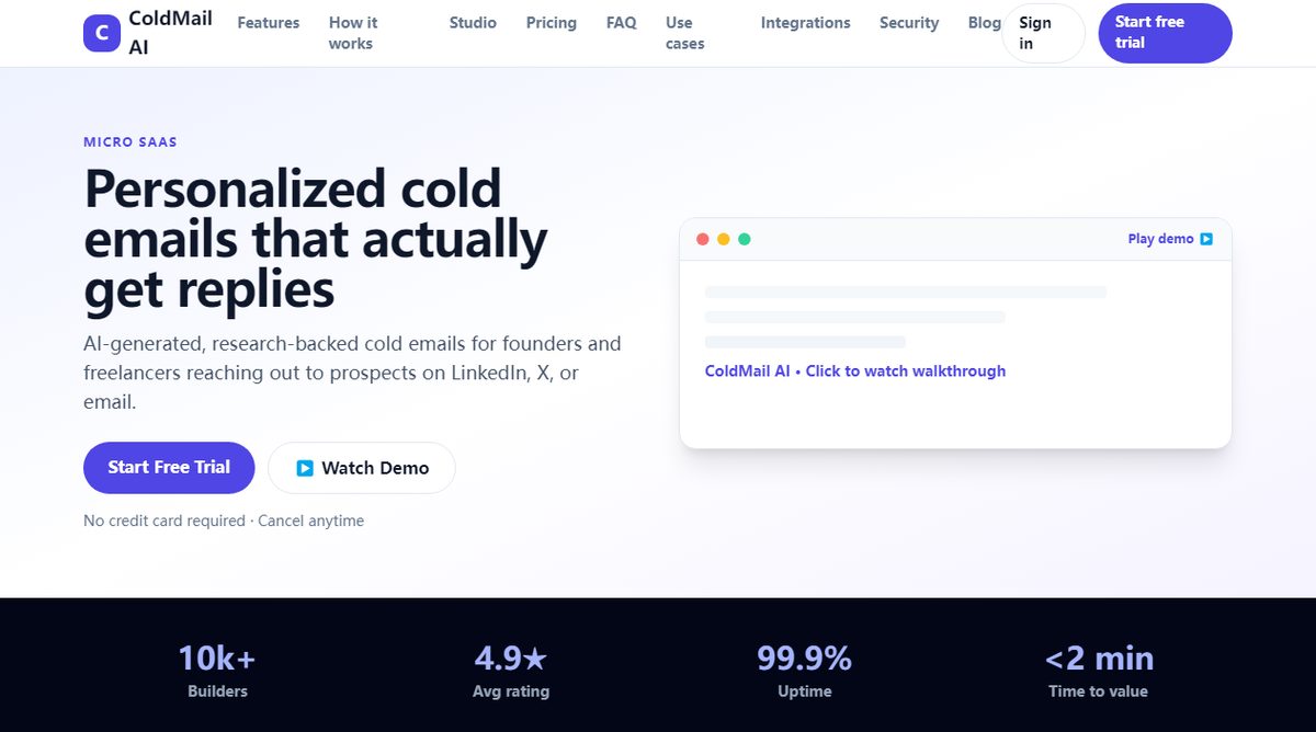 ColdMail AI product homepage screenshot.