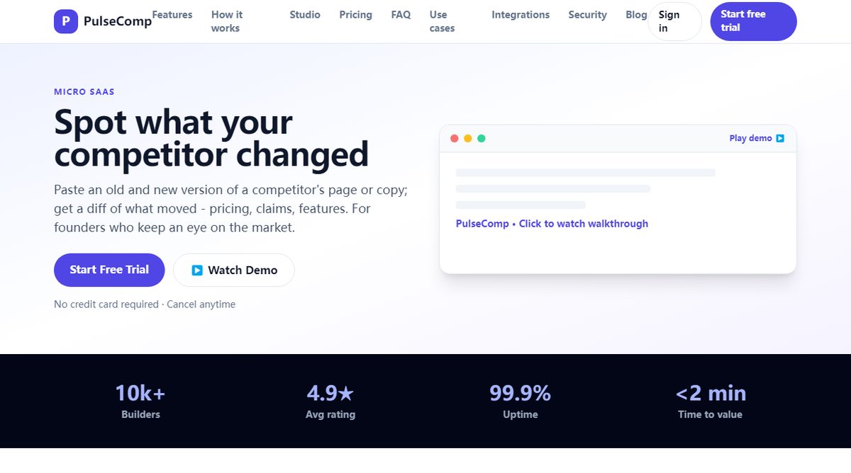 PulseComp product homepage screenshot.