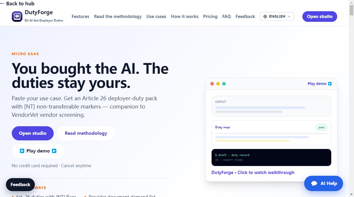 DutyForge product homepage screenshot.