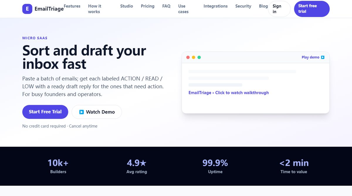 EmailTriage product homepage screenshot.
