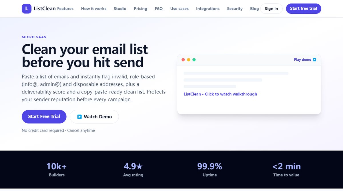 ListClean product homepage screenshot.