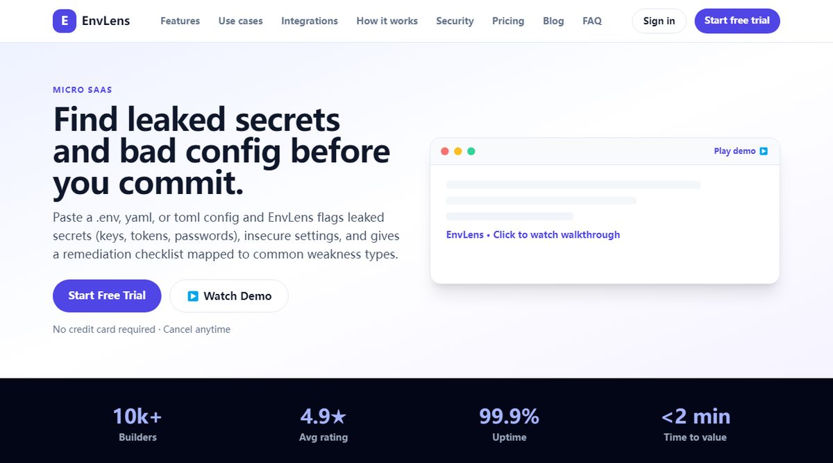 EnvLens product homepage screenshot.