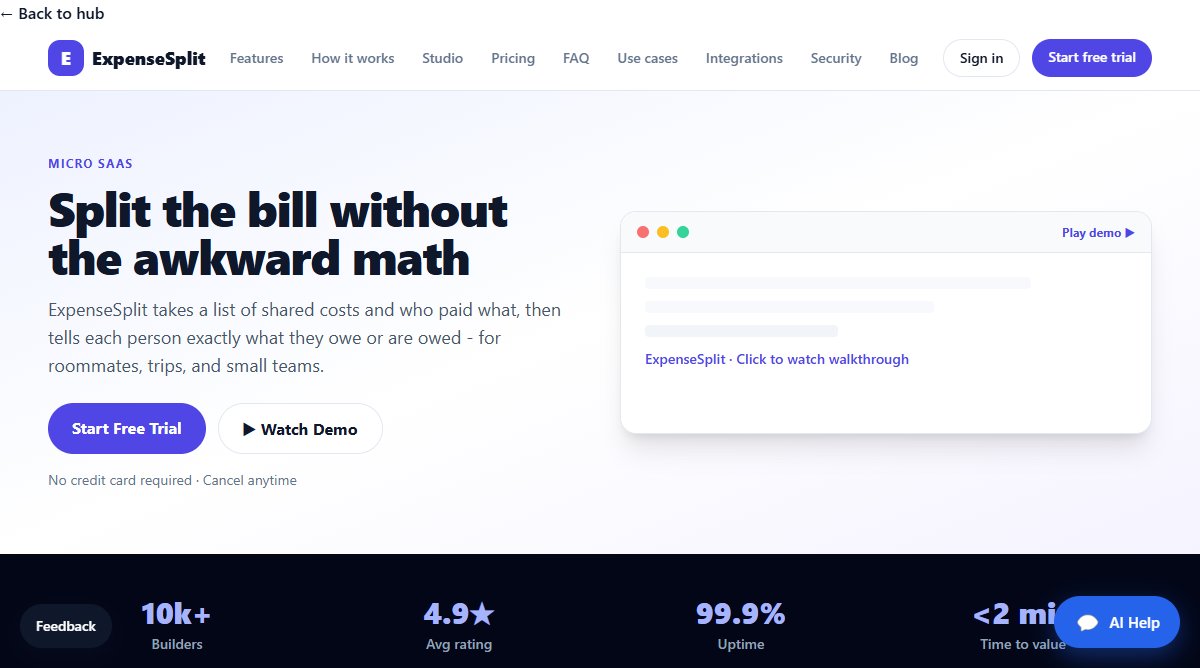 ExpenseSplit product homepage screenshot.