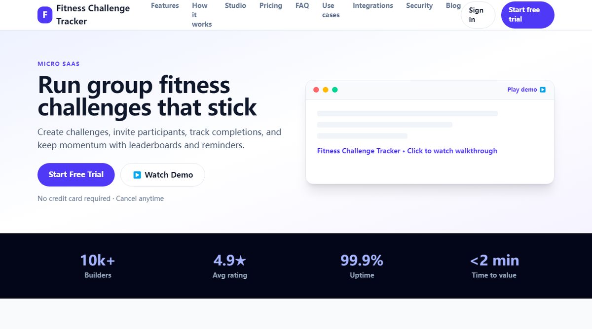 Fitness Challenge Tracker product homepage screenshot.