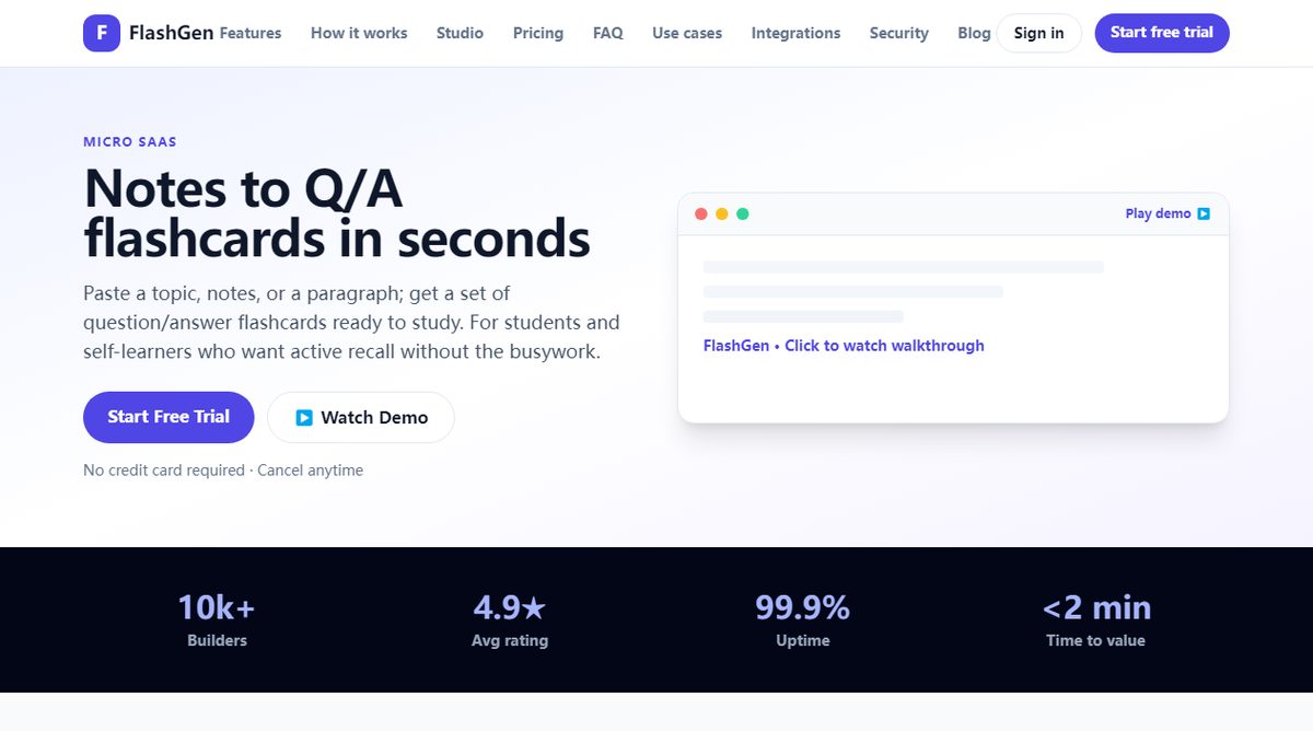 FlashGen product homepage screenshot.
