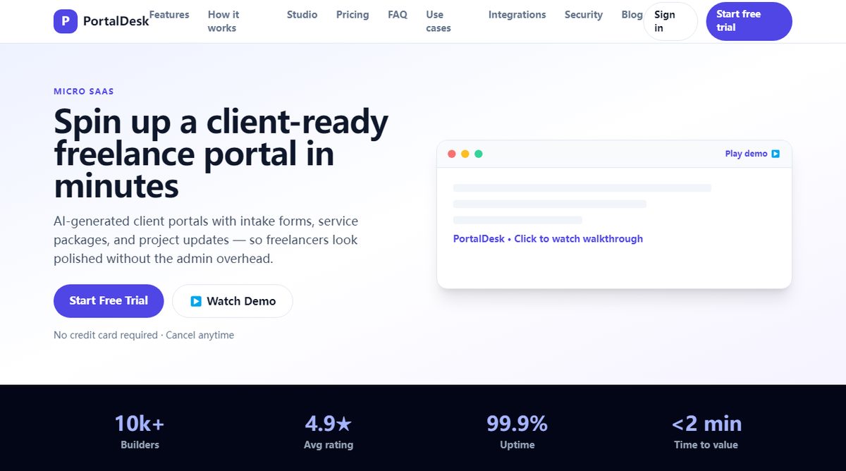 PortalDesk product homepage screenshot.