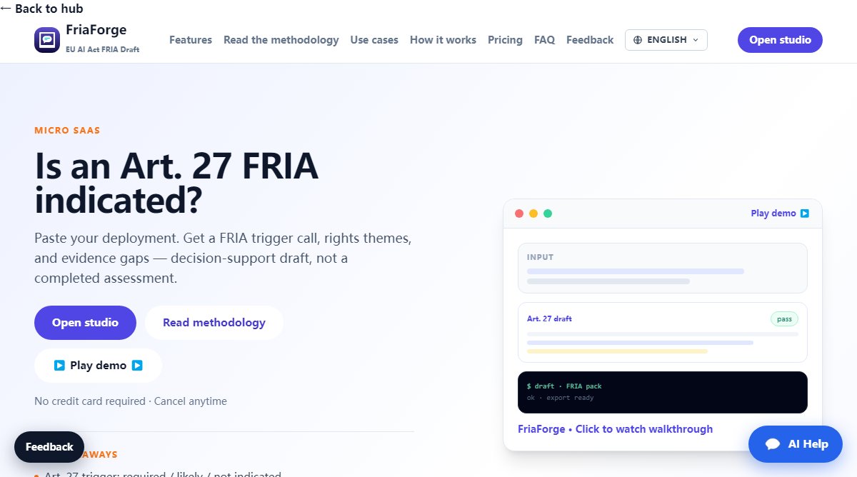 FriaForge product homepage screenshot.