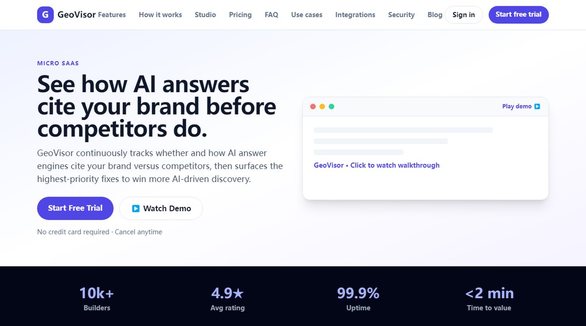 GeoVisor product homepage screenshot.