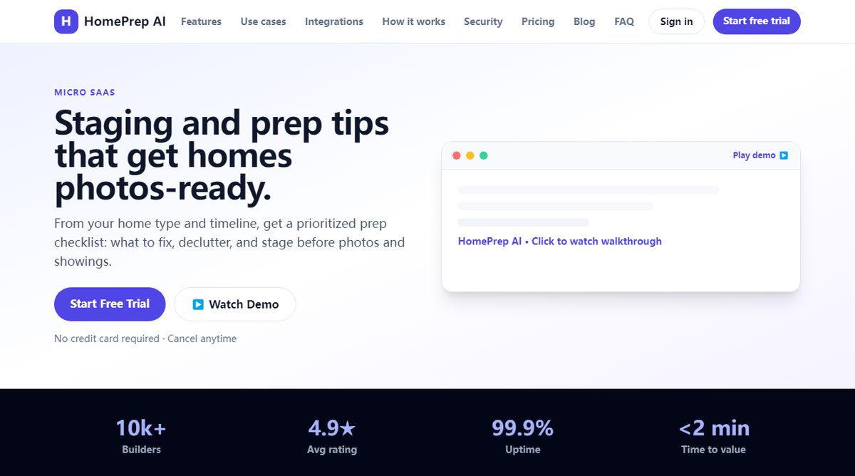 HomePrep AI product homepage screenshot.