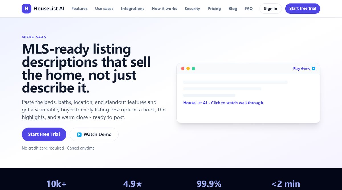HouseList AI product homepage screenshot.