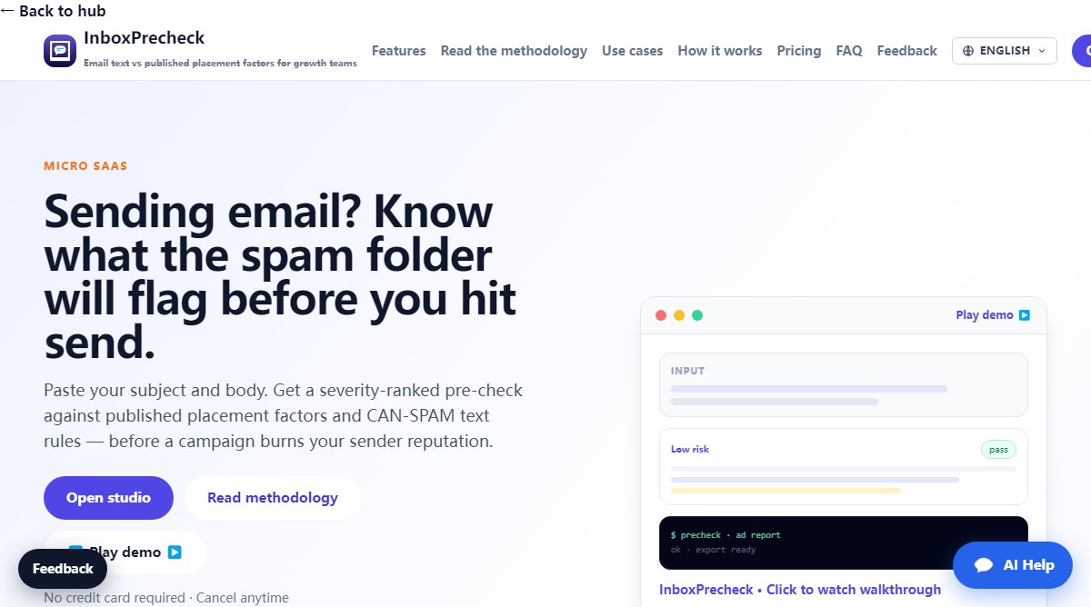 InboxPrecheck product homepage screenshot.