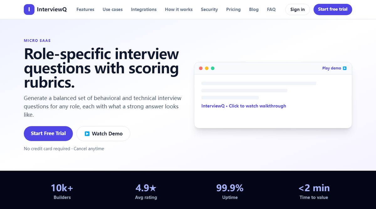 InterviewQ product homepage screenshot.