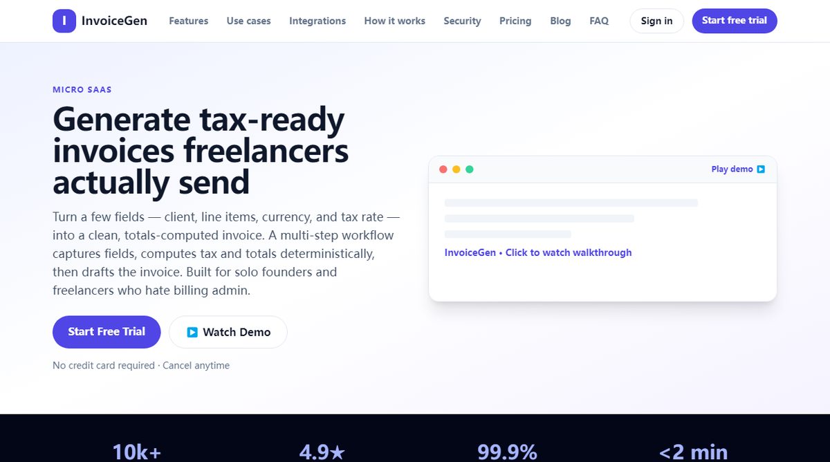 InvoiceGen product homepage screenshot.