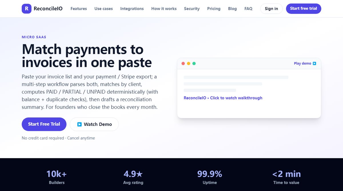 ReconcileIO product homepage screenshot.