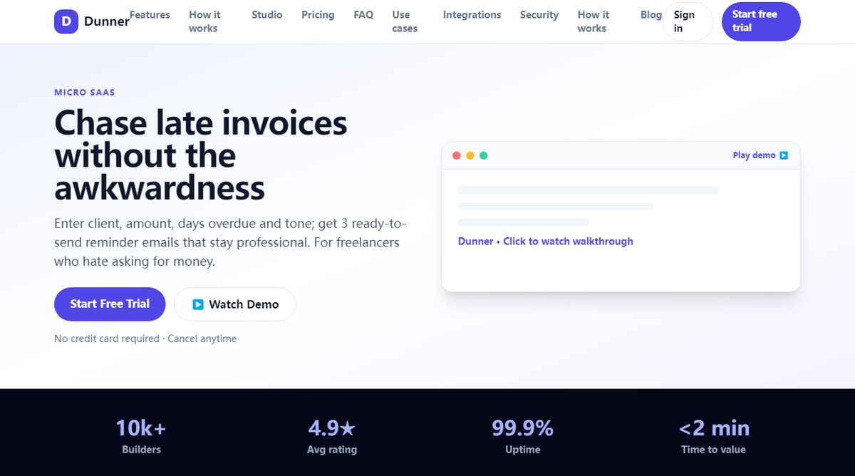 Dunner product homepage screenshot.
