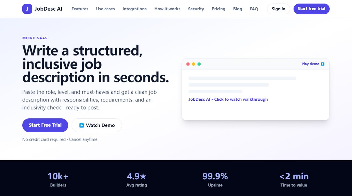 JobDesc AI product homepage screenshot.