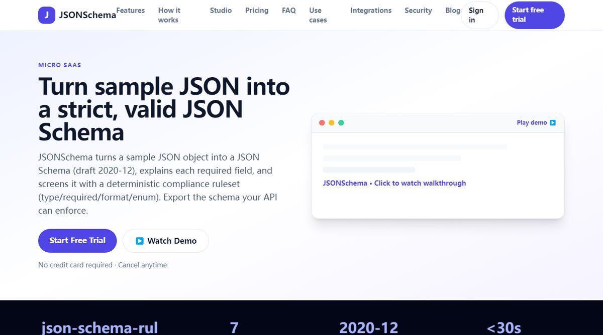JSONSchema product homepage screenshot.
