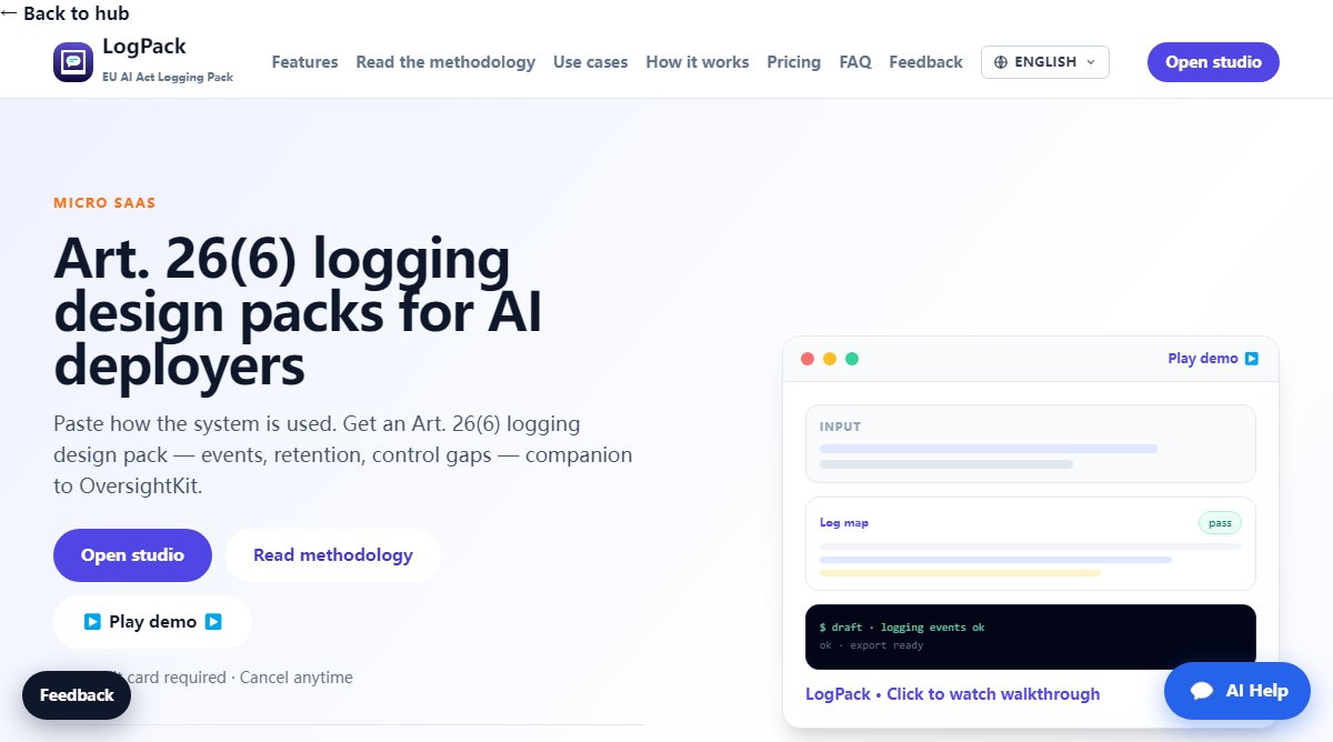 LogPack product homepage screenshot.