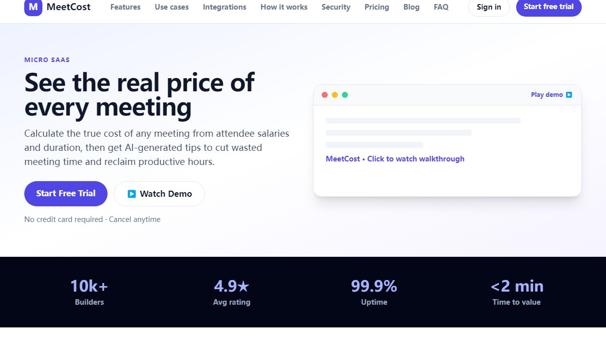 MeetCost product homepage screenshot.