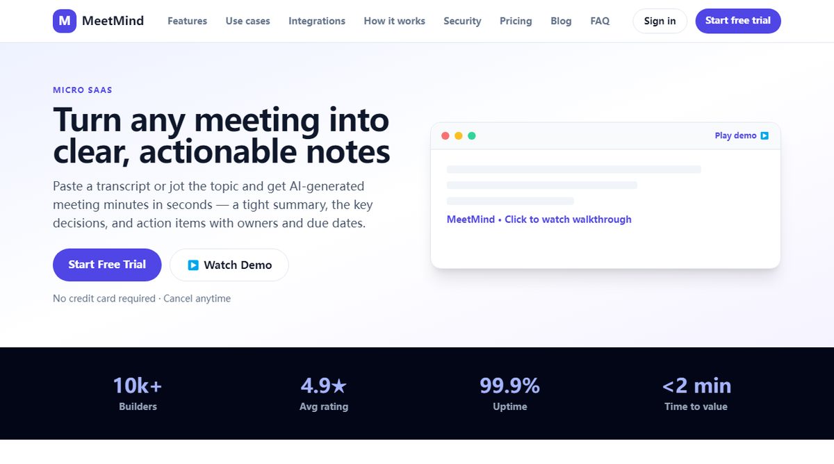 MeetMind product homepage screenshot.