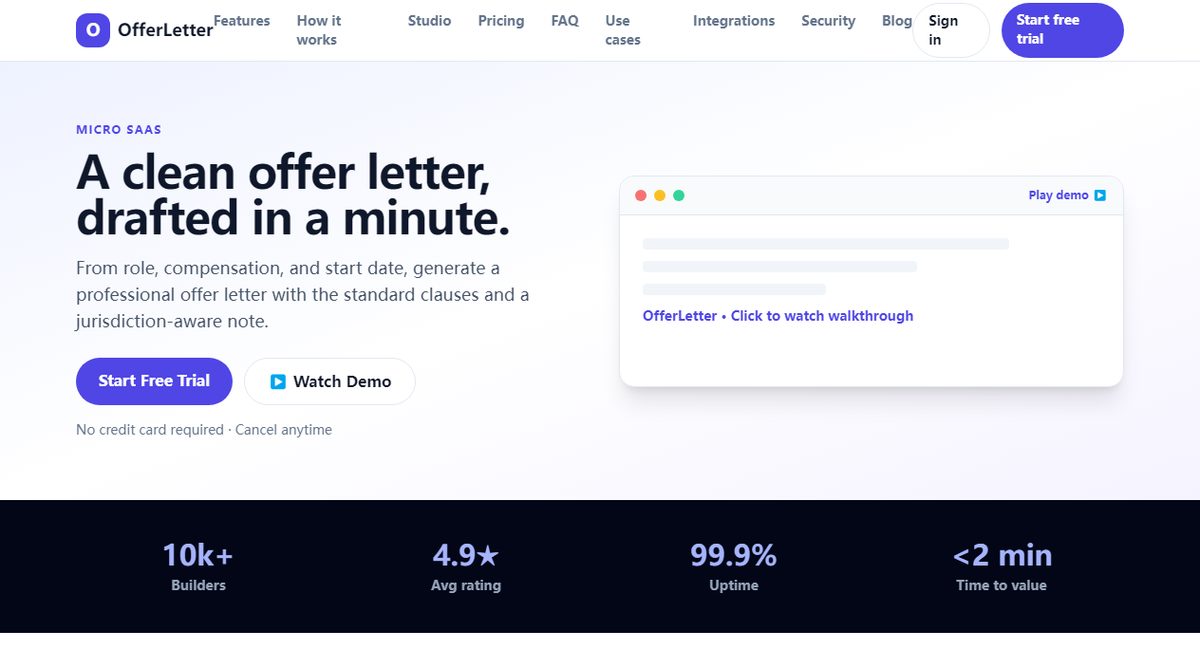 OfferLetter product homepage screenshot.