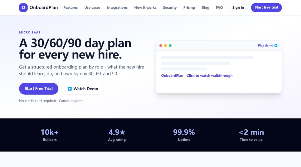 OnboardPlan product homepage screenshot.