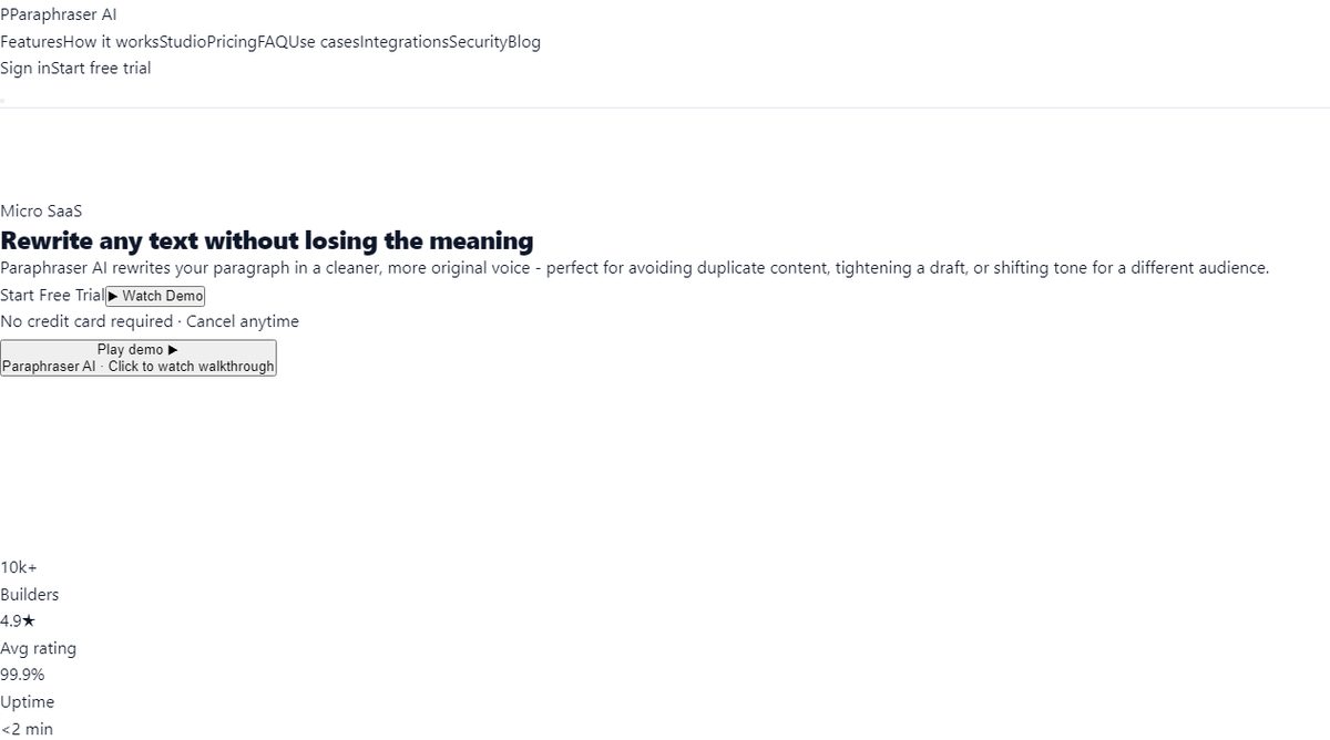Paraphraser AI product homepage screenshot.