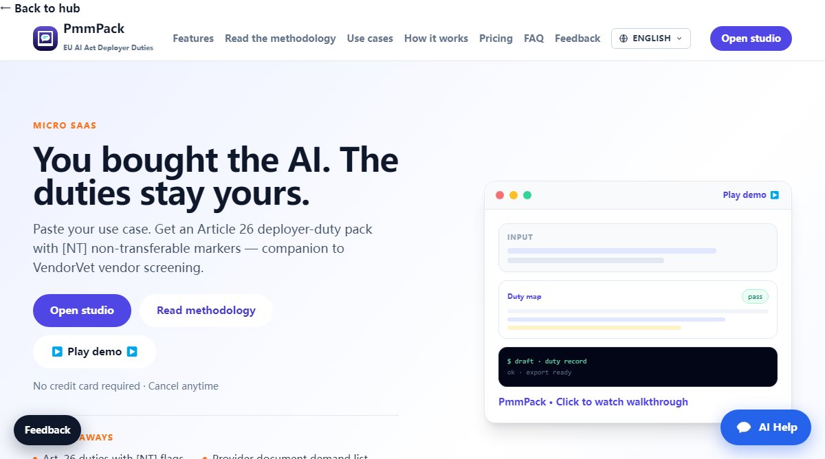 PmmPack product homepage screenshot.