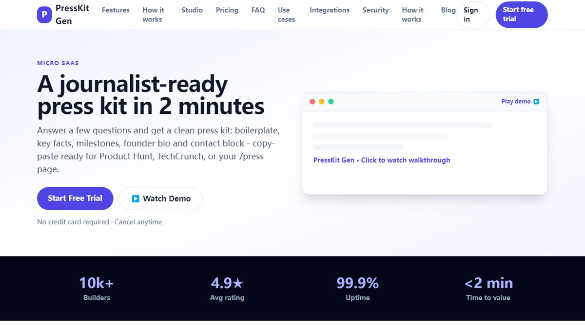 PressKit Gen product homepage screenshot.