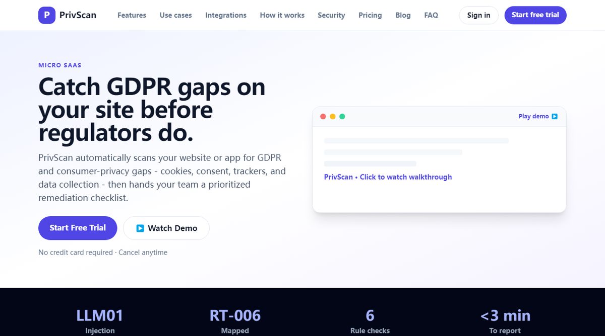 PrivScan product homepage screenshot.