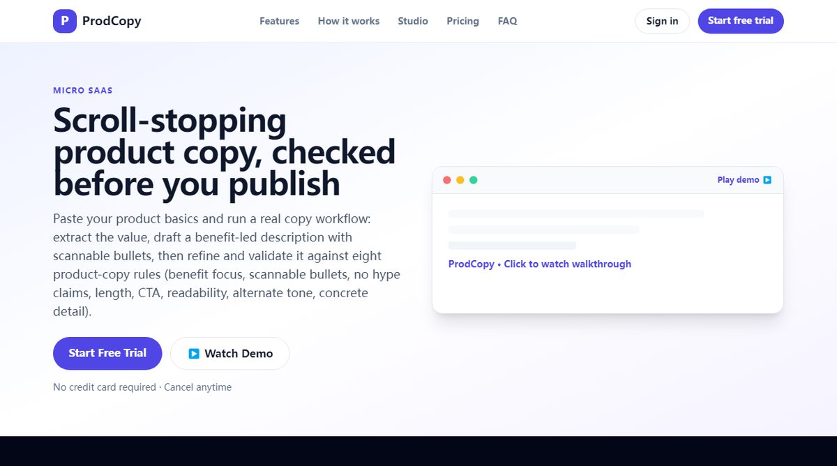 ProdCopy product homepage screenshot.