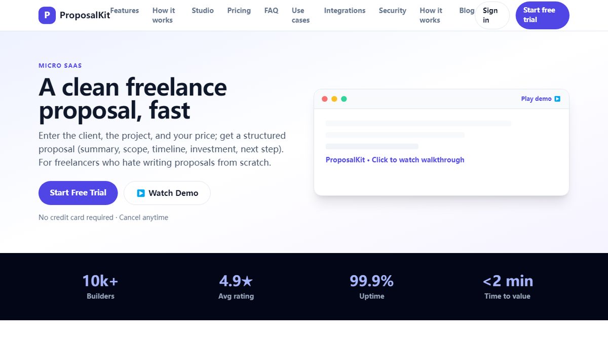 ProposalKit product homepage screenshot.