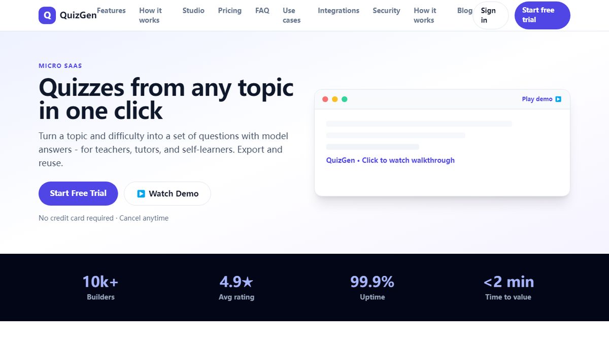 QuizGen product homepage screenshot.
